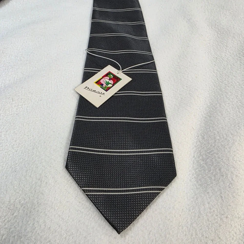 Picasso Mens Silk Tie Charcoal Grey Striped Handmade Italy Art Series Necktie